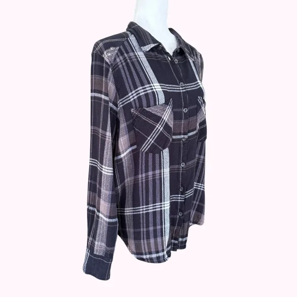 Free People Wesley Plaid Linen Blend Black Gray Sz M - Picture 1 of 9
